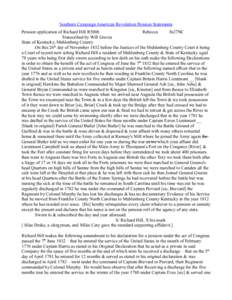 Southern Campaign American Revolution Pension Statements Pension application of Richard Hill R5006 Rebecca fn27NC Transcribed by Will Graves State of Kentucky, Muhlenberg County