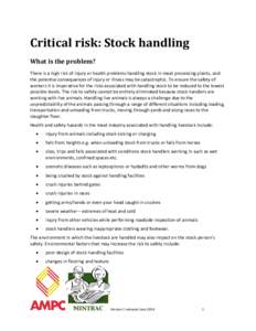 Critical risk: Stock handling What is the problem? There is a high risk of injury or health problems handling stock in meat processing plants, and the potential consequences of injury or illness may be catastrophic. To e