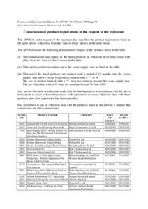 Cancellation of product registrations at the request of the registrant - APVMA Gazette No. 10, 7 October 2003