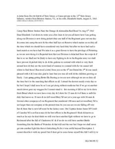 A letter from DAVID SMITH of New Jersey, a Union private in the 12th New Jersey Infantry, written from Bristow Station, Va., to his wife, Elizabeth Smith, August 8, [removed]Gilder Lehrman Collection, GLC04189.52) Camp Nea