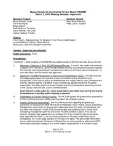 Roane County Environmental Review Board (RCERB) March 1, 2012 Meeting Minutes—Approved Members Present: Bruce Kimmel, Chair Frank Kornegay Brian Niekerk