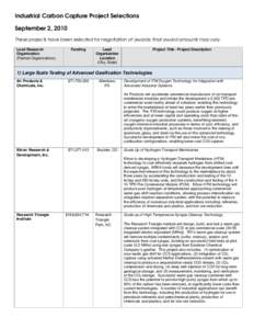 Industrial Carbon Capture Project Selections September 2, 2010 These projects have been selected for negotiation of awards; final award amounts may vary. Lead Research Organization (Partner Organizations)