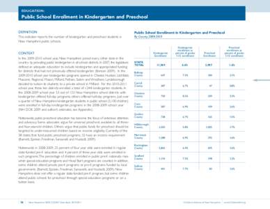 EDUCATION:  Public School Enrollment in Kindergarten and Preschool DEFINITION This indicator reports the number of kindergarten and preschool students in New Hampshire public schools.