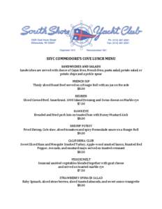    	
   SSYC	
  COMMODORE’S	
  COVE	
  LUNCH	
  MENU	
   	
  