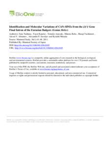 Identification and Molecular Variations of CAN-SINEs from the ZFY Gene Final Intron of the Eurasian Badgers (Genus Meles) Author(s): Sara Tashima , Yayoi Kaneko , Tomoko Anezaki , Minoru Baba , Shuuji Yachimori , Alexei 