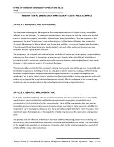 STATE OF VERMONT EMERGENCY OPERATIONS PLAN 2013 INTERNATIONAL EMERGENCY MANAGEMENT ASSISTANCE COMPACT  ARTICLE I. PURPOSES AND AUTHORITIES.