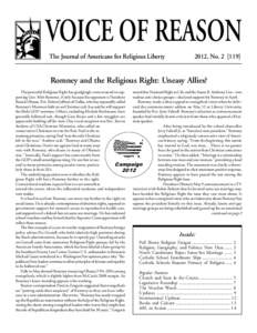 VOICE OF REASON The Journal of Americans for Religious Liberty 2012, NoRomney and the Religious Right: Uneasy Allies?