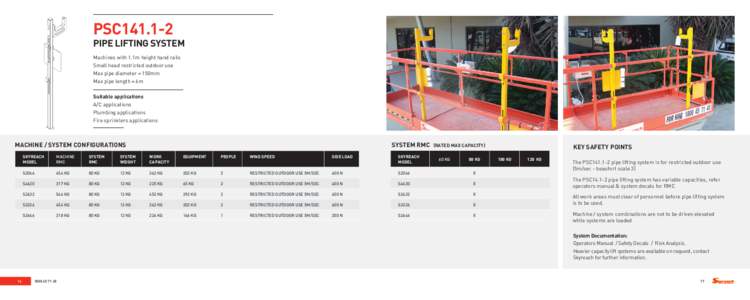 PSC141.1-2  PIPE LIFTING SYSTEM Machines with 1.1m height hand rails			 Small head restricted outdoor use			 Max pipe diameter = 150mm