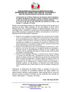 Ante los hechos ocurridos en las últimas horas en Islay  DEFENSORÍA DEL PUEBLO PIDE CESE DE LA VIOLENCIA Y MAYOR CONVICCIÓN EN FAVOR DEL DIÁLOGO -