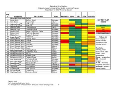 Blackstone River Coalition Watershed-wide Volunteer Water Quality Monitoring Program Report Card for 2012 Monitoring Season map # 1