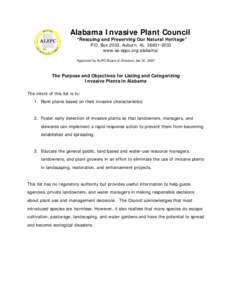 Alabama Invasive Plant Council “Rescuing and Preserving Our Natural Heritage” P.O. Box 2033, Auburn, AL[removed]www.se-eppc.org/alabama/ Approved by ALIPC Board of Directors Jan 31, 2007