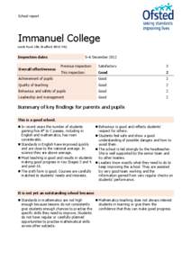 School report  Immanuel College Leeds Road, Idle, Bradford, BD10 9AQ  Inspection dates