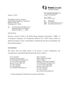 January 31, 2014 Ms. Kimberly D. Bose, Secretary Federal Energy Regulatory Commission 888 First Street, NE Washington, DC[removed]Re: