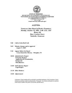 STATE OF TENNESSEE  DEPARTMENT OF COMMERCE AND INSURANCE  TENNESSEE STATE BOARD OF BARBER EXAMINERS  500 JAMES ROBERTSON PARKWAY  NASHVILLE, TN 37243­1148  615­741­2294 