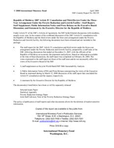 Republic of Moldova: 2007 Article IV Consultation and Third Review Under the Three-Year Arrangement Under the Poverty Reduction and Growth Facility—Staff Report; Staff Supplement; Public Information Notice and Press Re