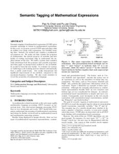 Semantic Tagging of Mathematical Expressions Pao-Yu Chien and Pu-Jen Cheng Department of Computer Science and Information Engineering National Taiwan University, Taiwan  , 