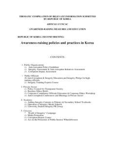 THEMATIC COMPILATION OF RELEVANT INFORMATION SUBMITTED BY REPUBLIC OF KOREA ARTICLE 13 UNCAC AWARENESS-RAISING MEASURES AND EDUCATION  REPUBLIC OF KOREA (SECOND MEETING)