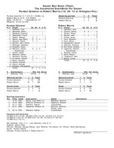 Soccer Box Score (Final) The Automated ScoreBook For Soccer Purdue Calumet vs Robert Morris[removed]at Arlington Hts.) Purdue Calumet[removed]CCAC) vs. Robert Morris[removed]CCAC) Date: [removed]