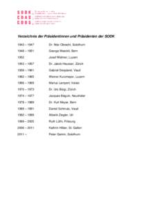 Verzeichnis der Präsidentinnen und Präsidenten der SODK 1943 – 1947 Dr. Max Obrecht, Solothurn  1948 – 1951