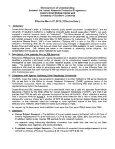 Memorandum of Understanding Between the Human Research Protection Programs at Cedars-Sinai Medical Center and University of Southern California Effective March 27, 2013 (