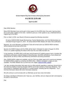 German Shepherd Dog Club Of America-Working Dog Association  HUNDEGRAM April 18, 2016  Dear WDA Member: