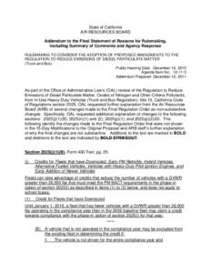 State of California AIR RESOURCES BOARD Addendum to the Final Statement of Reasons for Rulemaking, Including Summary of Comments and Agency Response RULEMAKING TO CONSIDER THE ADOPTION OF PROPOSED AMENDMENTS TO THE REGUL