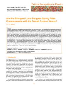 Pattern Recogn. Phys., 2(2), 75–93, 2014. http://www.pattern-recognition-in-physics.com © Author(s[removed]CC Attribution 3.0 License. Are the Strongest Lunar Perigean Spring Tides Commensurate with the Transit Cycle o