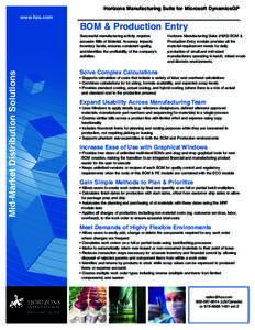 Horizons Manufacturing Suite for Microsoft DynamicsGP www.hzs.com BOM & Production Entry Successful manufacturing activity requires accurate Bills of Material. Accuracy impacts