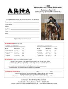 2016 PROGRAM ADVERTISING AGREEMENT PLEASE REPLY BY MAY 10TH, 2016 TO BE INCLUDED IN THE PROGRAM Company/Ranch: _______________________________________________ Contact person: _____________________________________________