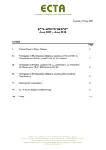 Brussels, 10 June[removed]ECTA ACTIVITY REPORT June 2013 – June[removed]Content