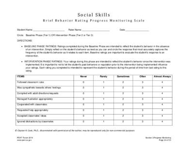 Social Skills  Brief Behavior Rating Progress Monitoring Scale Student Name:________________________