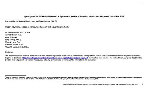 Hydroxyurea for Sickle Cell Disease:  A Systematic Review of Benefits, Harms, and Barriers of Utilization, 2012