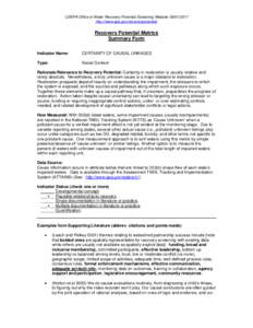 USEPA Office of Water Recovery Potential Screening Website[removed]http://www.epa.gov/recoverypotential/ Recovery Potential Metrics Summary Form Indicator Name:
