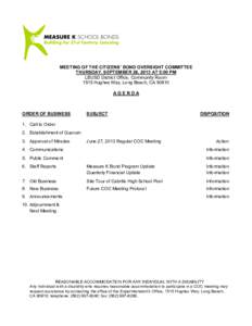    	
   MEETING OF THE CITIZENS’ BOND OVERSIGHT COMMITTEE THURSDAY, SEPTEMBER 26, 2013 AT 5:00 PM LBUSD District Office, Community Room