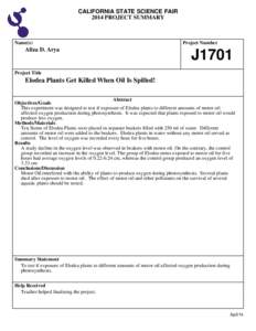 CALIFORNIA STATE SCIENCE FAIR 2014 PROJECT SUMMARY Name(s)  Aliza D. Arya