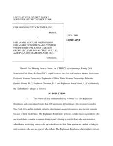 UNITED STATES DISTRICT COURT SOUTHERN DISTRICT OF NEW YORK FAIR HOUSING JUSTICE CENTER, INC., Plaintiff, 13 Civ. 3600