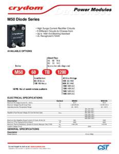 M50 Diode Series • High Surge Current Rectifier Circuits • 5 Different Circuits to Choose from • Up to 1600 Volt Blocking Standard • UL Recognized E72445