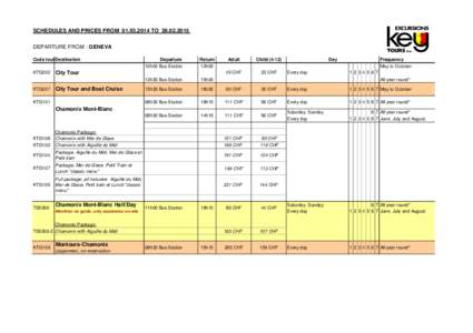 SCHEDULES AND PRICES FROMTODEPARTURE FROM : GENEVA Code tour Destination KTG202 KTG207