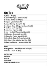 On Tap 1. pFriem – Wit (OR) 2. Astoria Brewing Co. – Amber Ale (OR) 3. Heretic – Evil Cousin IIPA (CA) 4. Sixpoint – Jammer Gose (NY) 5. Anchor Brewing – Liberty IPA (CA)