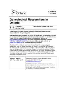 Archives of Ontario Genealogical Researchers in Ontario  111 Customer Service Guide