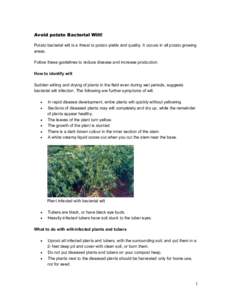 Avoid potato Bacterial Wilt! Potato bacterial wilt is a threat to potato yields and quality. It occurs in all potato growing areas. Follow these guidelines to reduce disease and increase production. How to identify wilt 