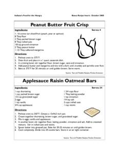 Indiana’s Food for the Hungry  Bonus Recipe Insert: October 2008 Peanut Butter Fruit Crisp Ingredients: