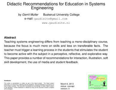 Didactic Recommendations for Education in Systems Engineering by Gerrit Muller