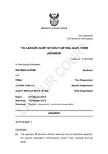 REPUBLIC OF SOUTH AFRICA  Not reportable Of interest to other judges  THE LABOUR COURT OF SOUTH AFRICA, CAPE TOWN