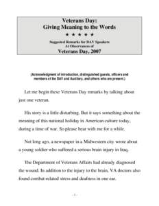 Veterans Day: Giving Meaning to the Words z z z z z Suggested Remarks for DAV Speakers At Observances of