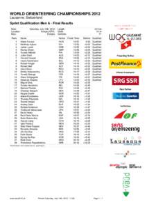 WORLD ORIENTEERING CHAMPIONSHIPS 2012 Lausanne, Switzerland Sprint Qualification Men A - Final Results