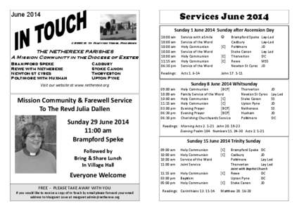 June[removed]Services June 2014 Sunday 1 June 2014 Sunday after Ascension Day CHURCH: St Mary the Virgin, Poltimore