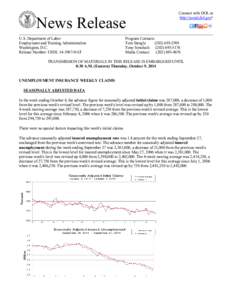 News Release U.S. Department of Labor Employment and Training Administration Washington, D.C. Release Number: USDL[removed]NAT