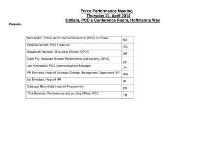 Force Performance Meeting Thursday 24 April:00am, PCC’s Conference Room, Hoffmanns Way Present:-  Nick Alston, Police and Crime Commissioner (PCC) for Essex