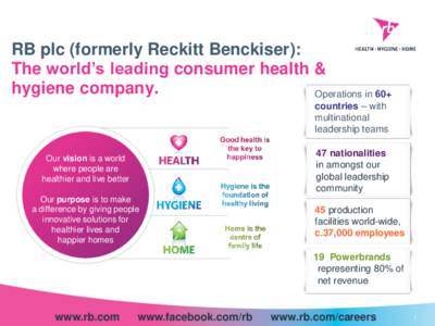 RB plc (formerly Reckitt Benckiser): The world’s leading consumer health & hygiene company. Operations in 60+ countries – with multinational